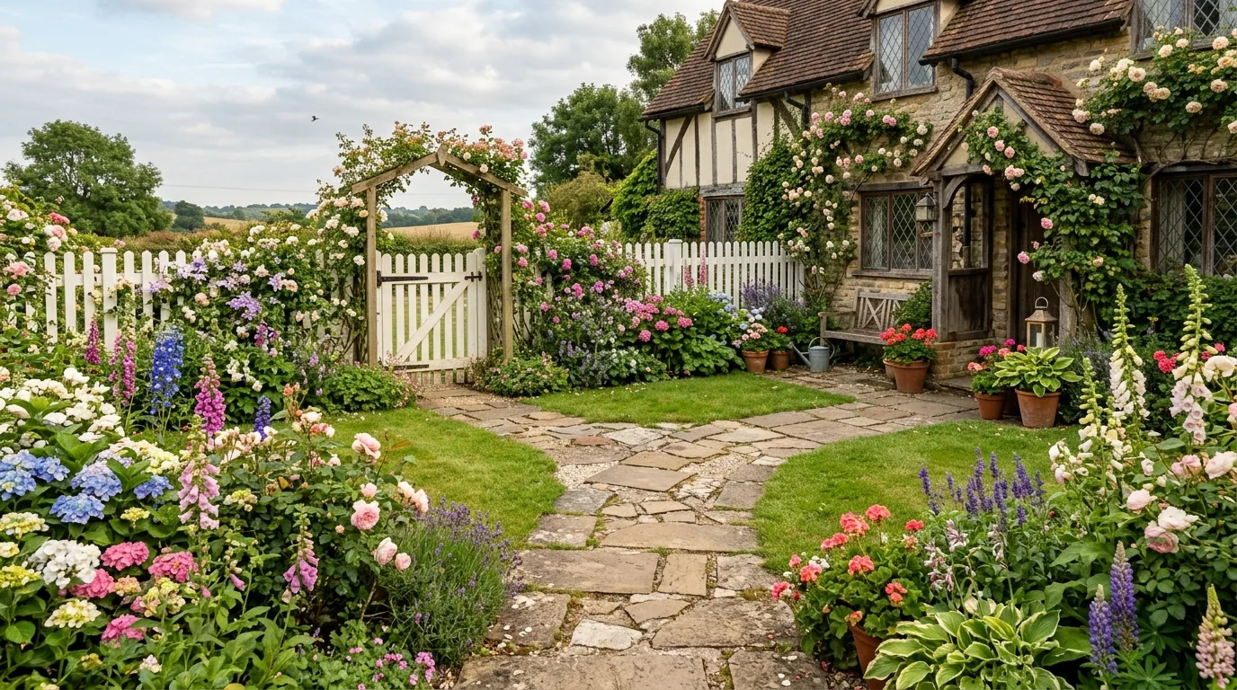Cottage Backyard With White Picket Fence